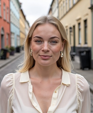 Professional headshot style example with a Copenhagen street background