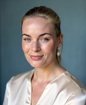 Professional headshot style example with a Misty blue background