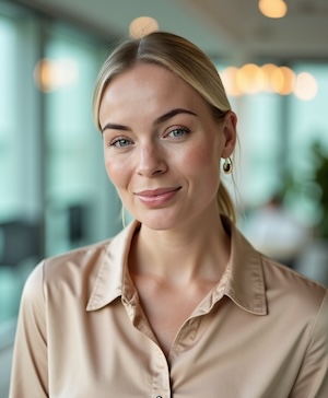 Professional headshot style example with a Scandinavian office background