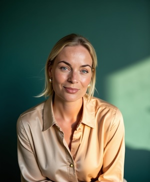 Professional headshot style example with a Teal, sunlit background