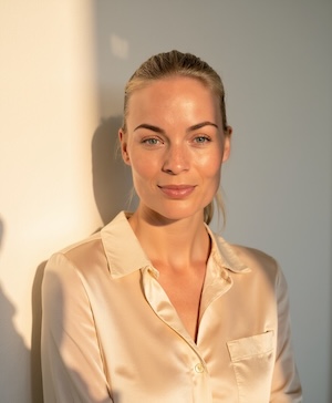 Professional headshot style example with a Soft white, sunlit background