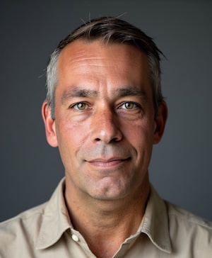 Professional headshot style example with a Nordic grey background