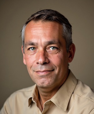 Professional headshot style example with a Soft taupe background